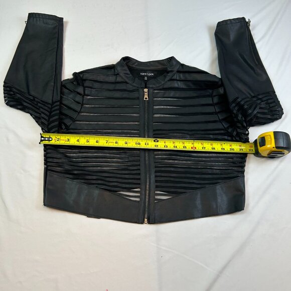 New Look Black Cropped Moto Jacket 1X Sheer Stripe Panel Zip Front - Picture 2 of 7